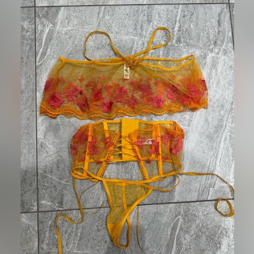 Dreamgirl Yellow & Pink Sheer Lace Bralette and Garter Set